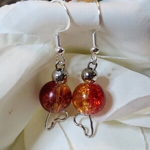 Hand Crafted Dangle Earrings Hearts and Amber to Red Crackled Glass Beads